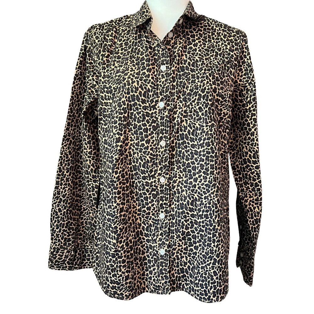 J. Crew Leopard Print Button Down Shirt Women’s Large 100% Cotton Long Sleeve Bl